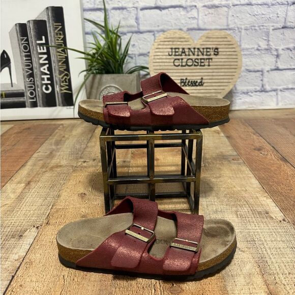 Birkenstock Arizona washed metallic port sandals red slides size 37 - Picture 1 of 7